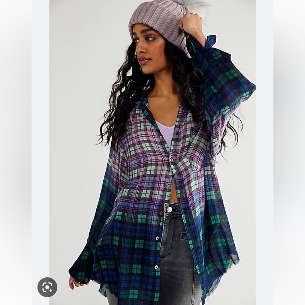NWT - Free People Grunge Blue Plaid Ombre Button Down Long Sleeve Shirt Size: XS